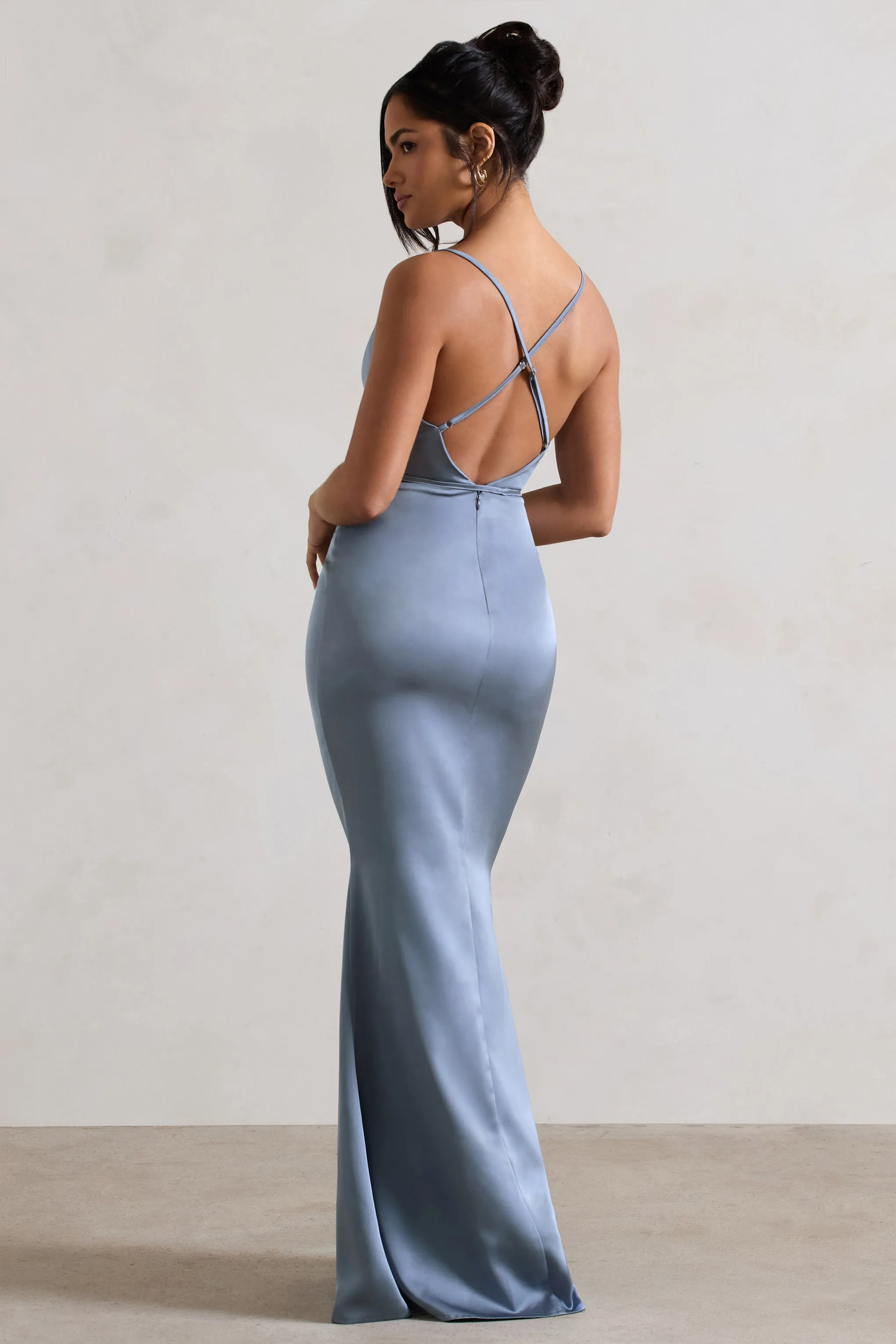 Lifetime |  Robe longue en satin bleu ardoise à col bénitier avec détail croisé au dos