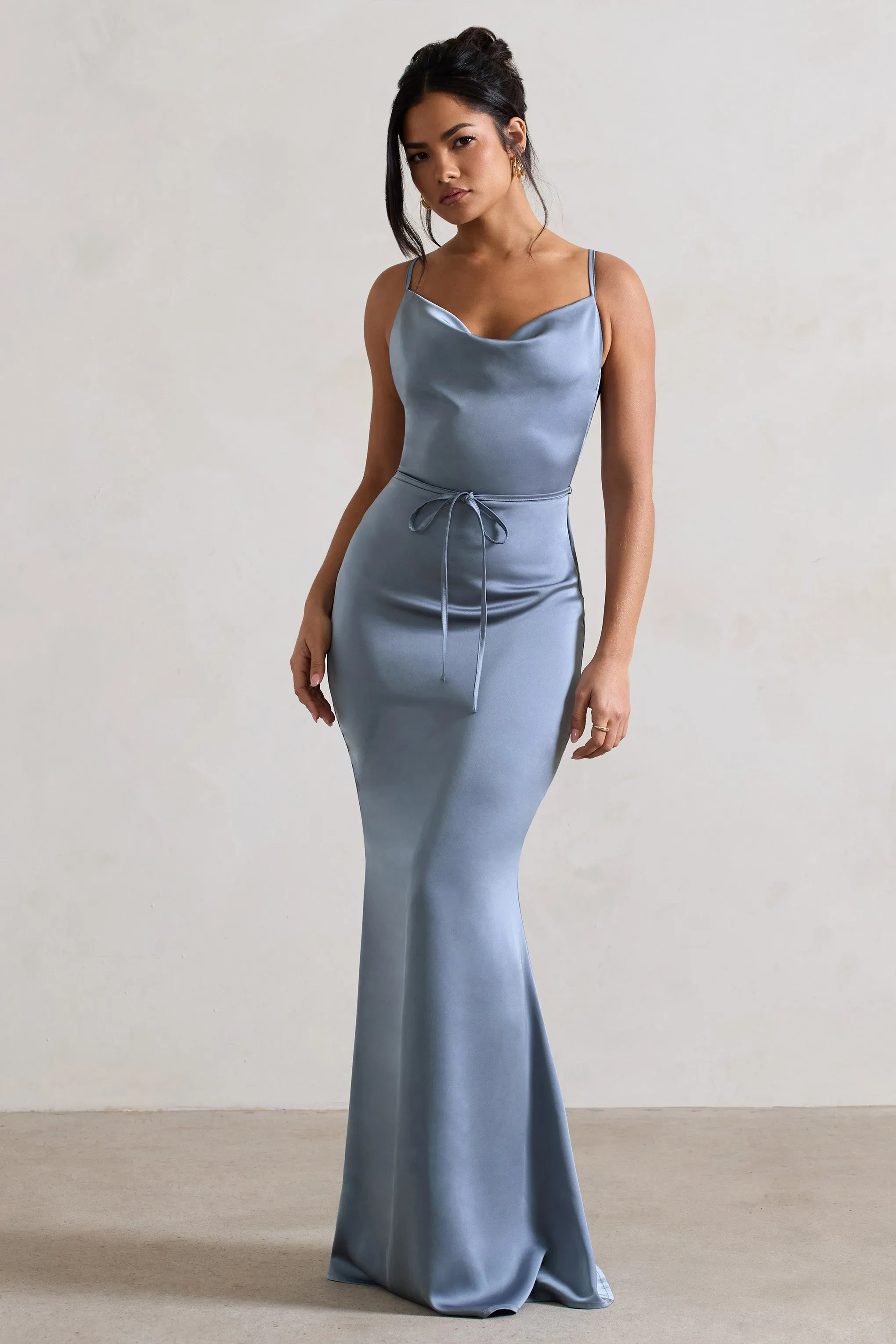 Lifetime |  Robe longue en satin bleu ardoise à col bénitier avec détail croisé au dos