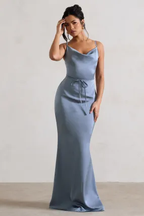 Lifetime |  Robe longue en satin bleu ardoise à col bénitier avec détail croisé au dos