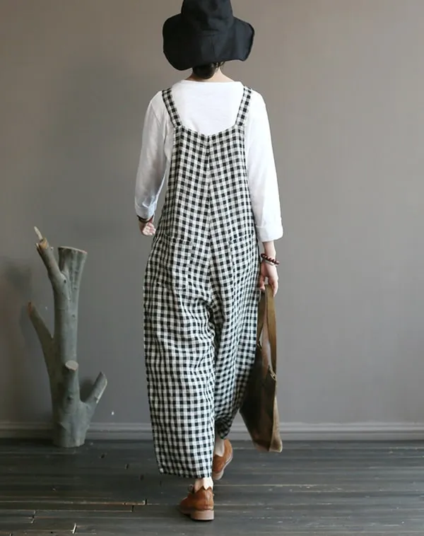 Loose Linen Wide Leg Plus Size Plaid Jumpsuit