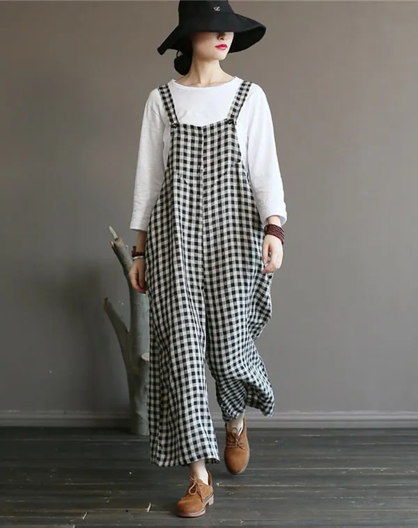 Loose Linen Wide Leg Plus Size Plaid Jumpsuit