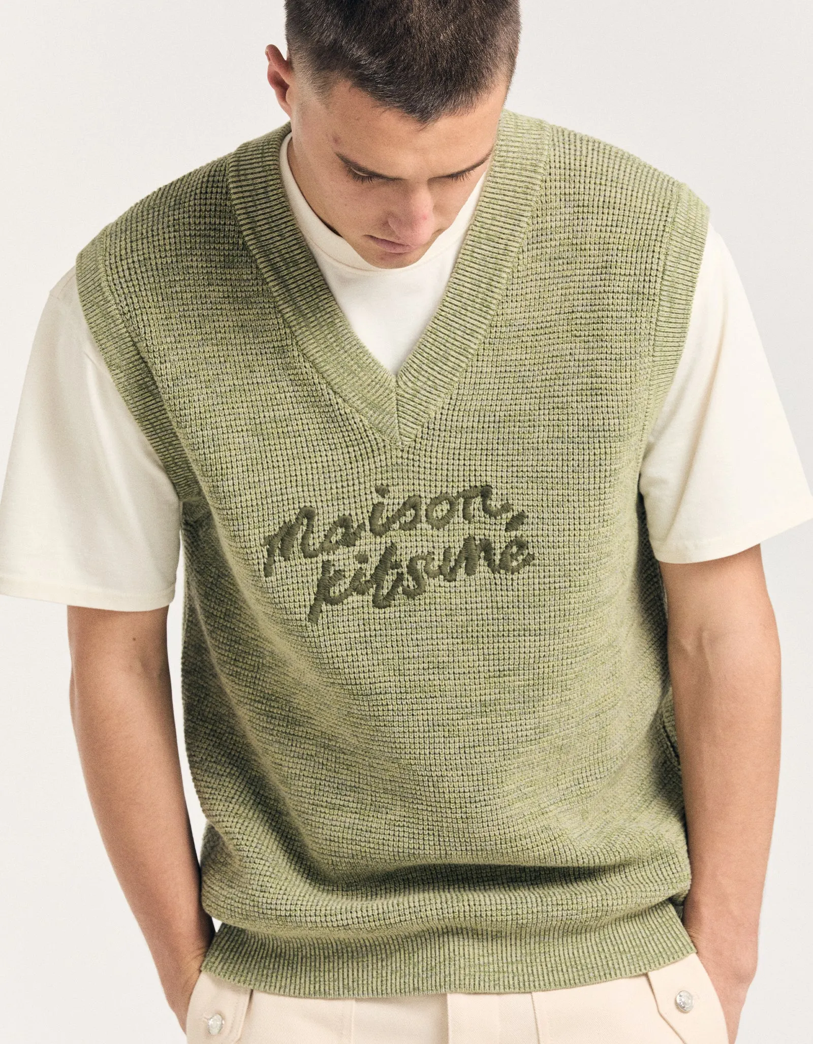 Maison Kitsune Handwriting Oversize Vest - Khaki Green Melange