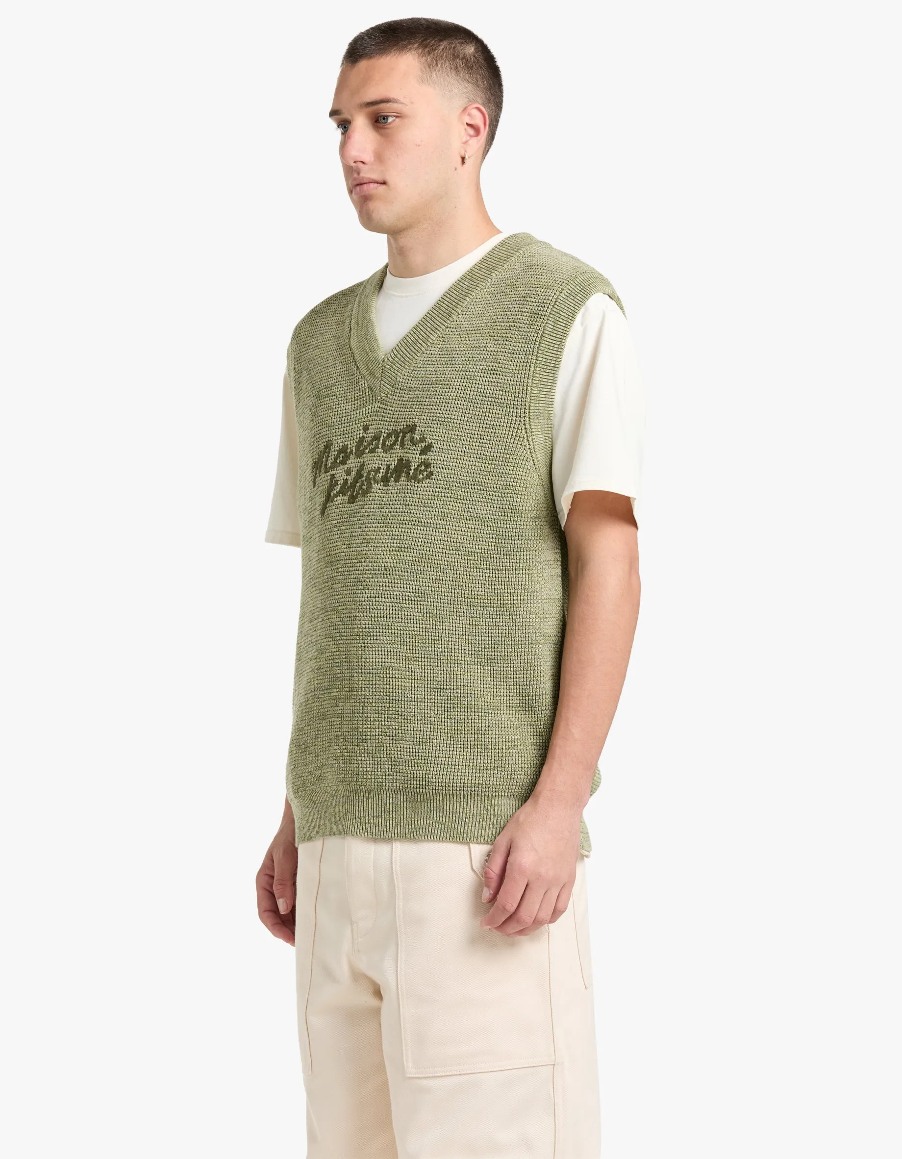 Maison Kitsune Handwriting Oversize Vest - Khaki Green Melange