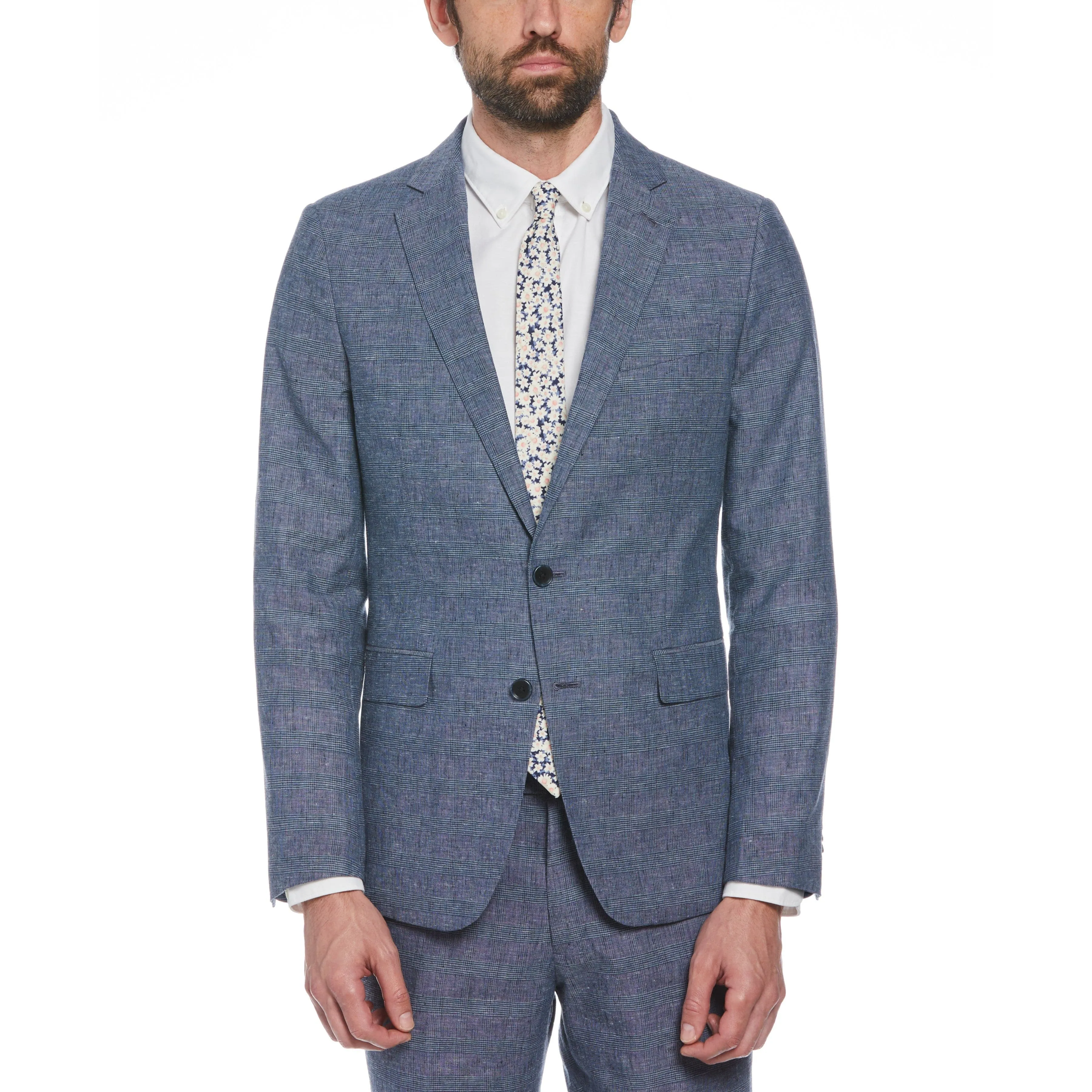 Navy Plaid Linen Blend Two Piece Suit