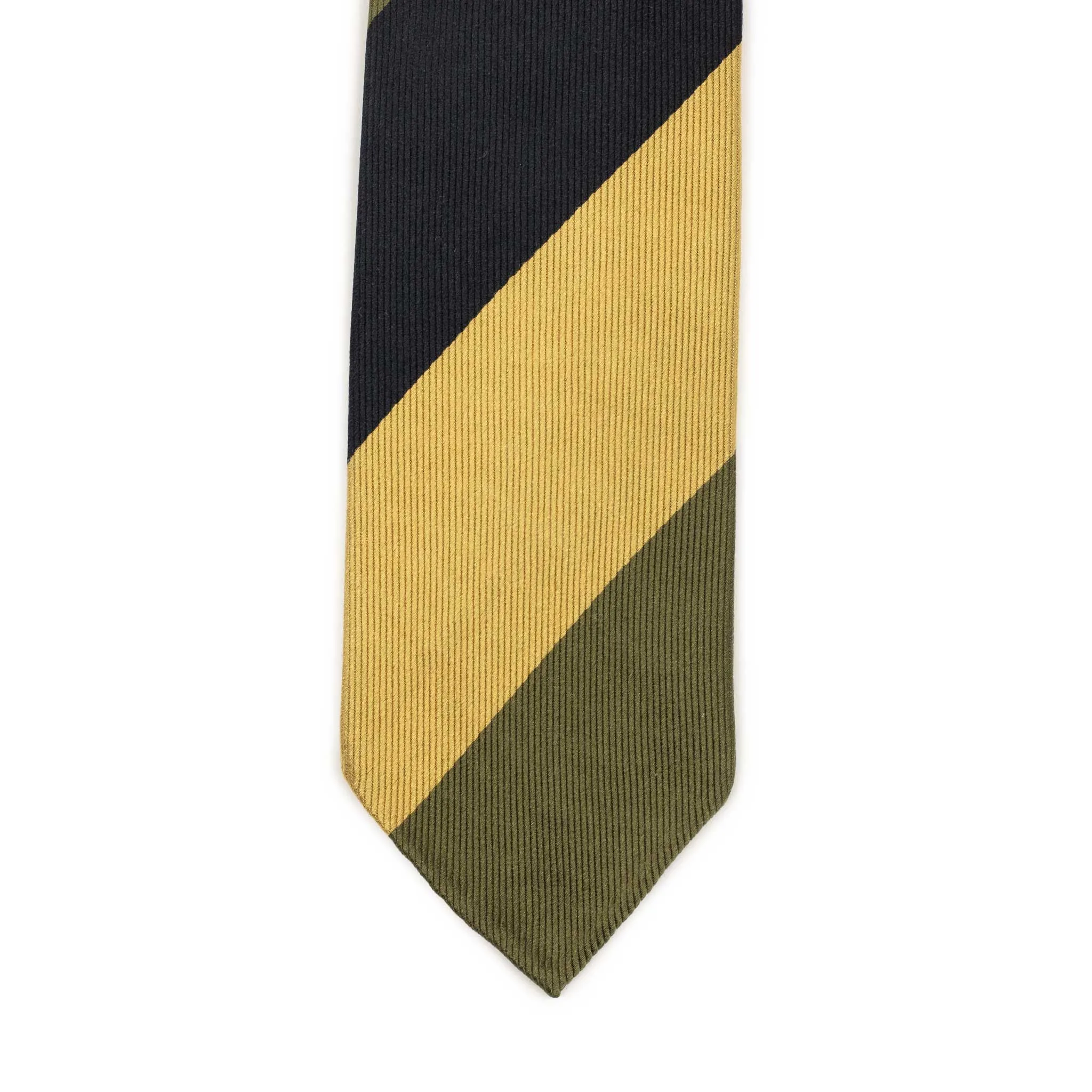 Olive, navy and gold block stripe silk twill tie