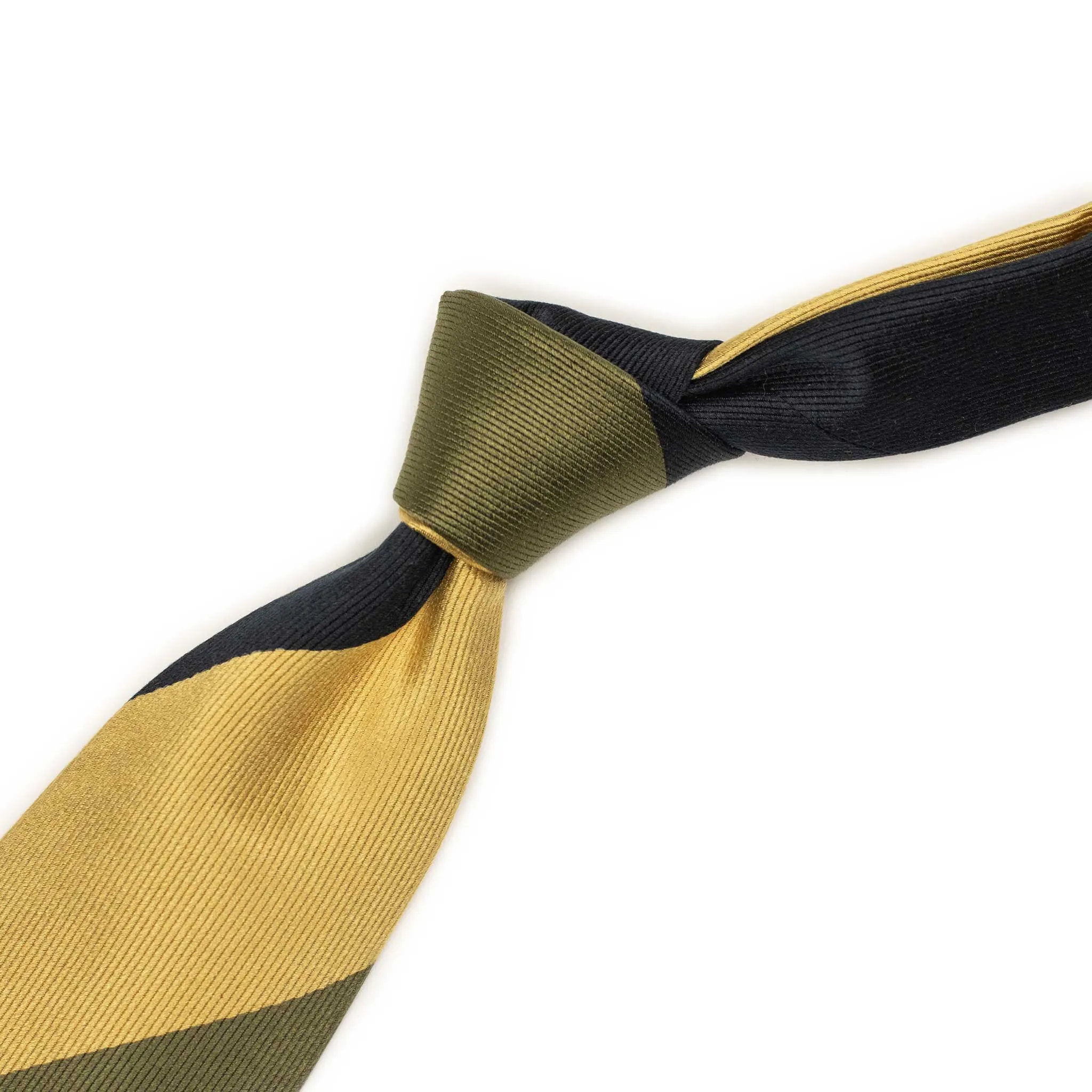 Olive, navy and gold block stripe silk twill tie