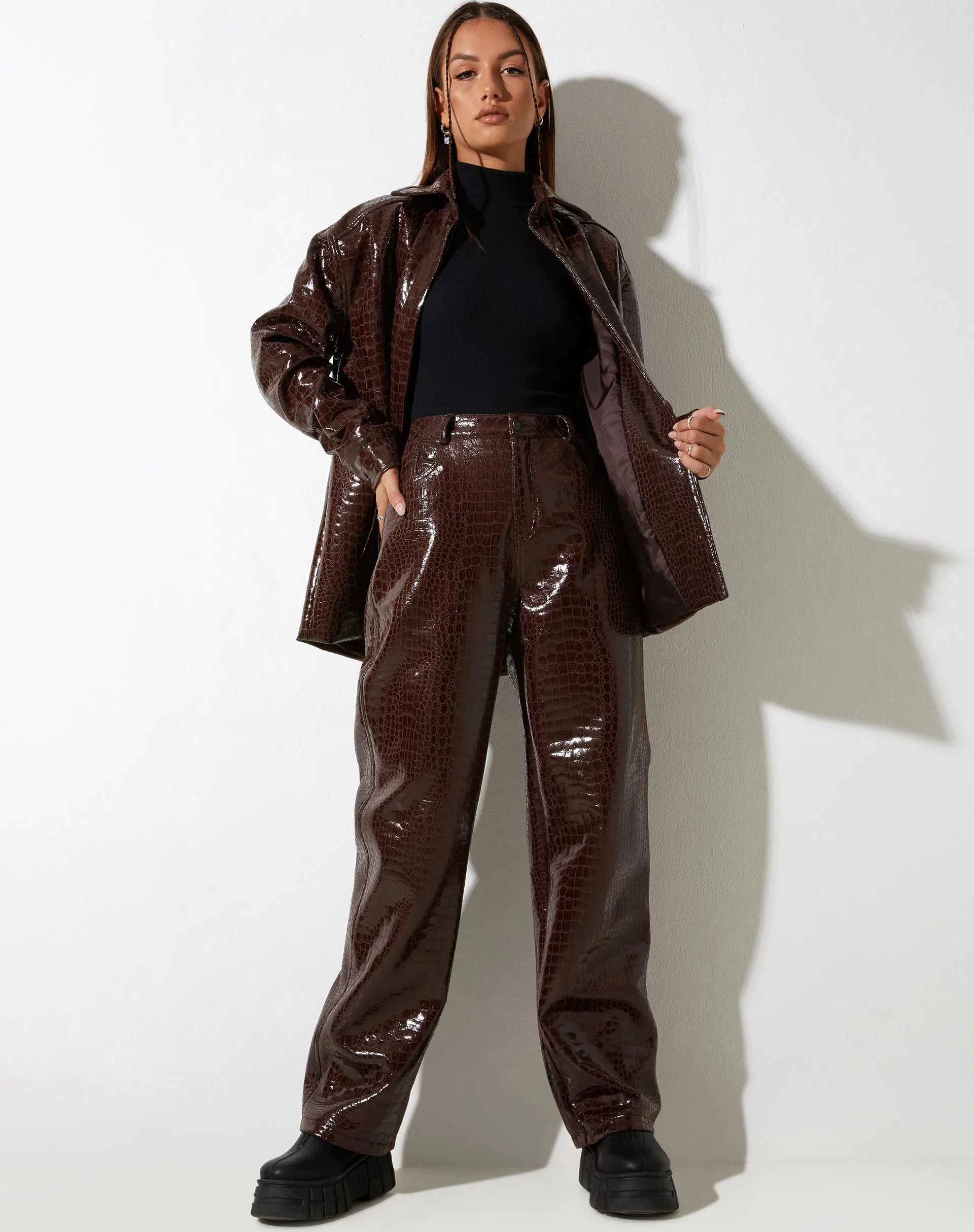 Parallel Trouser in Croc PU Dark Brown