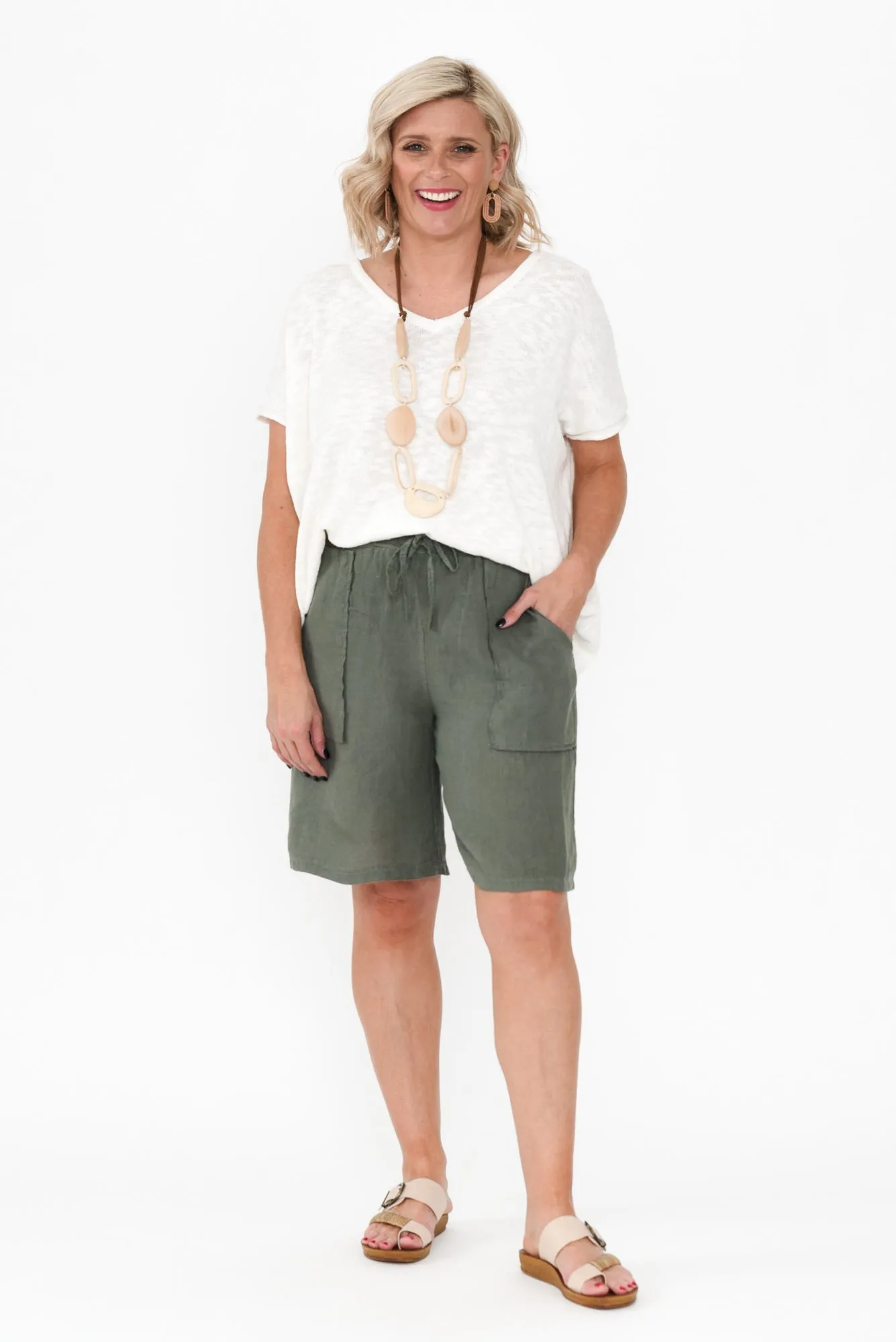 Paulina Khaki Linen Drawstring Shorts