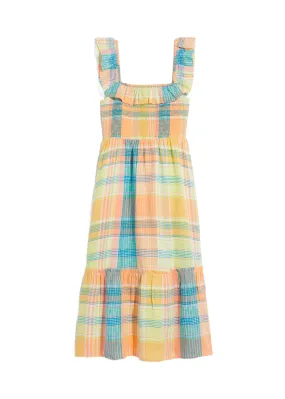 PLAID SMOCKED MIDI DRESS