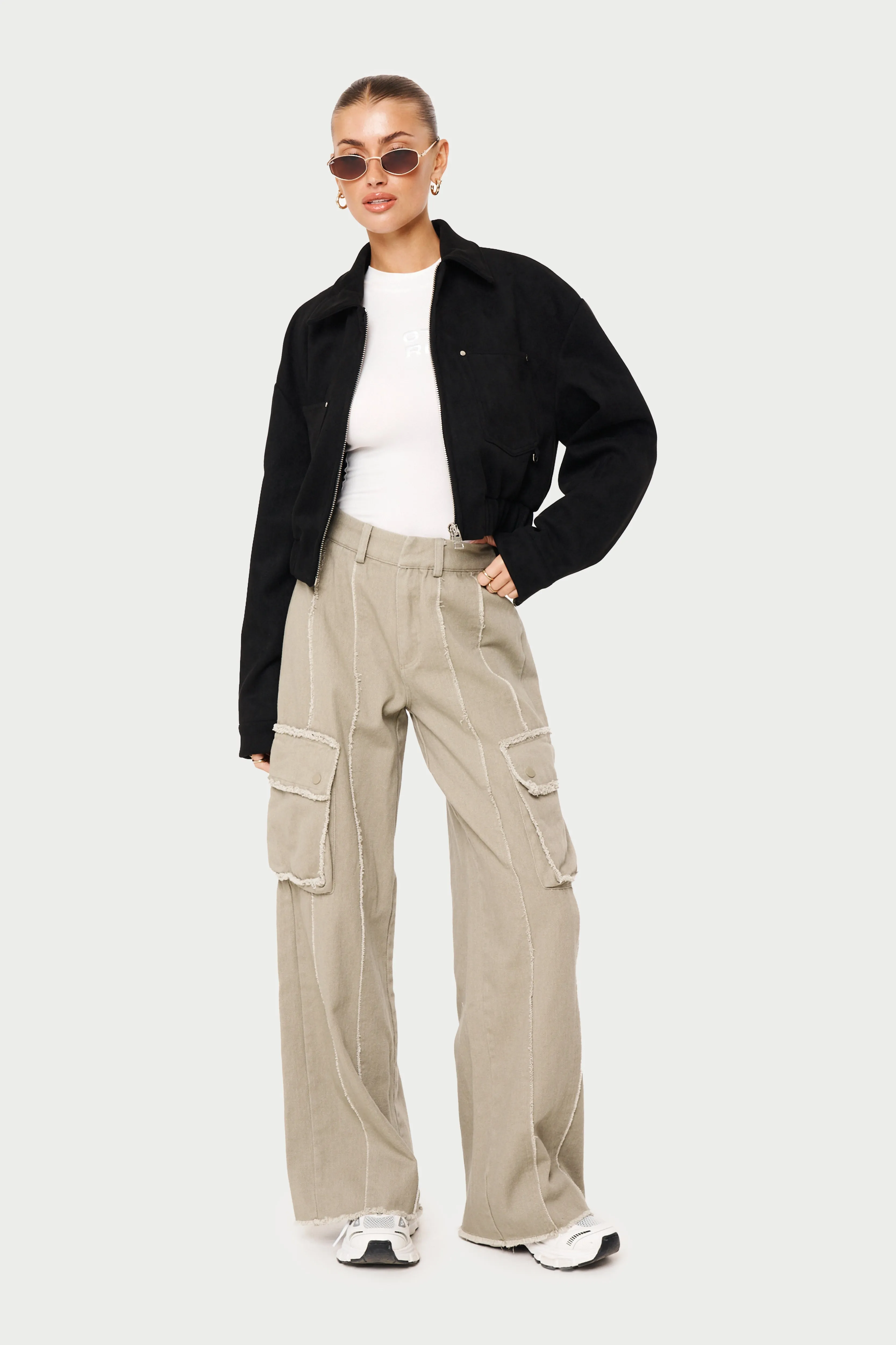 RAW SEAM DETAIL WIDE LEG CARGO - BEIGE