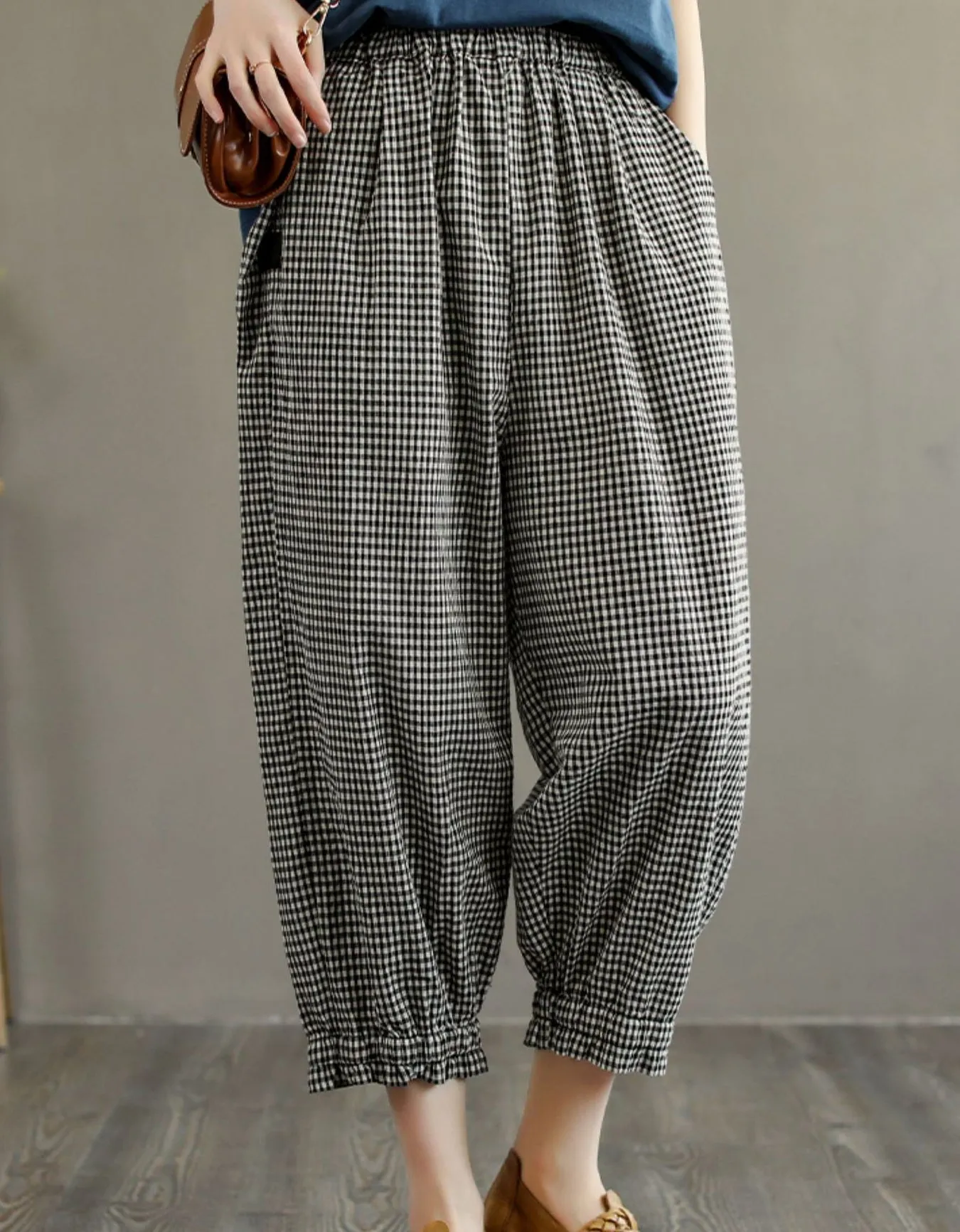 Retro Plaid Cotton Linen Loose Pants