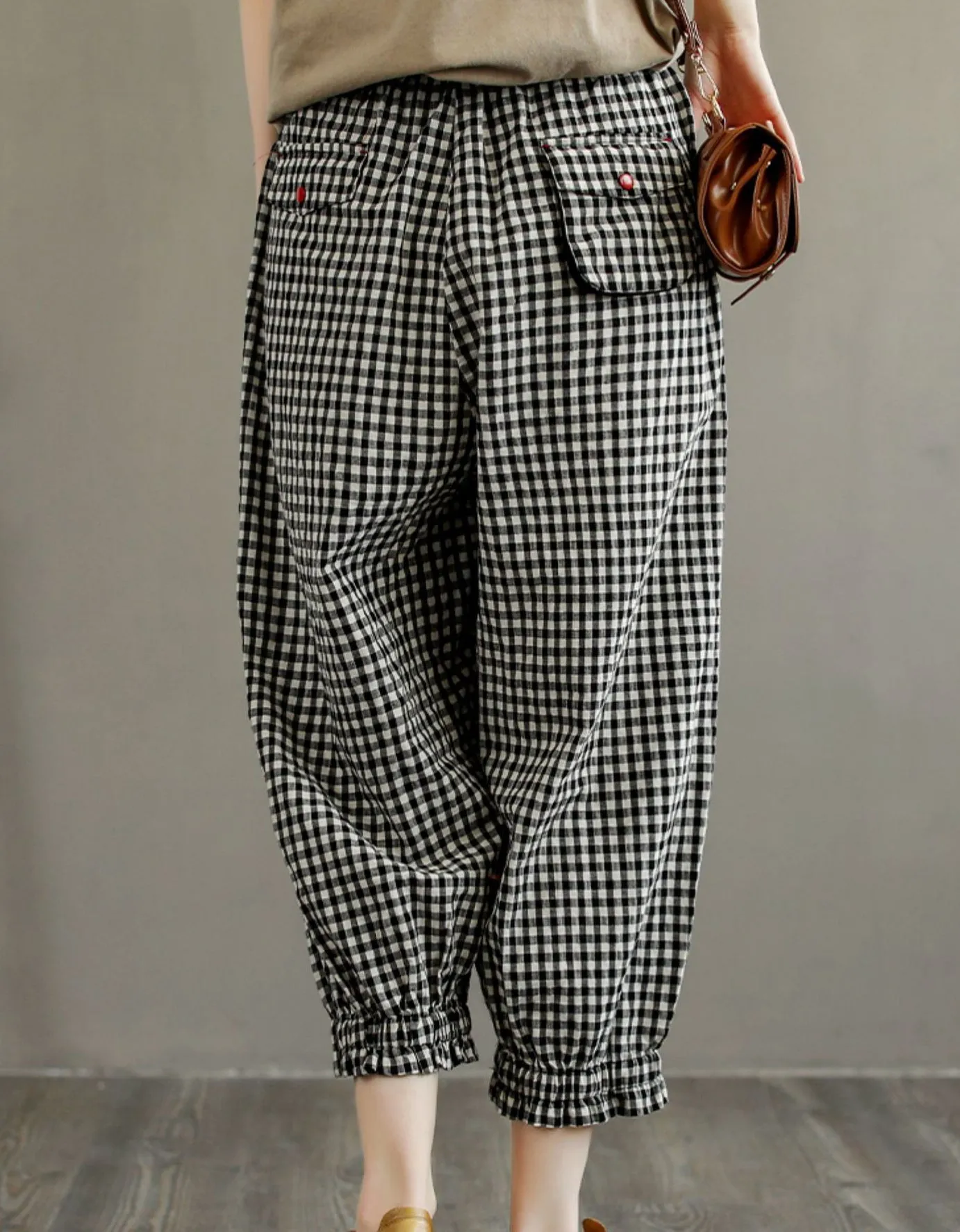 Retro Plaid Cotton Linen Loose Pants