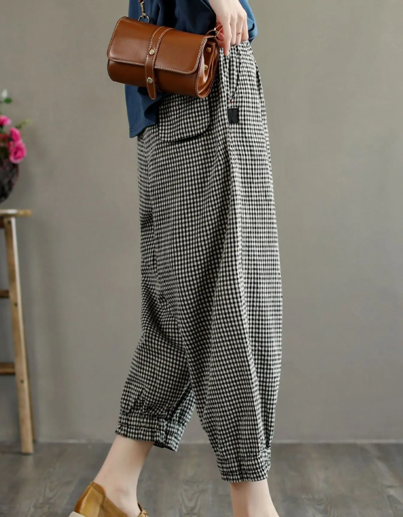 Retro Plaid Cotton Linen Loose Pants