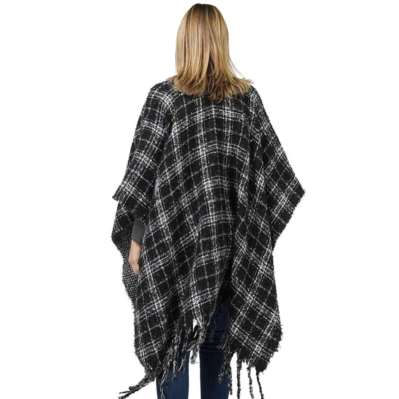 Reversible Plaid Check Patterned Cape Poncho