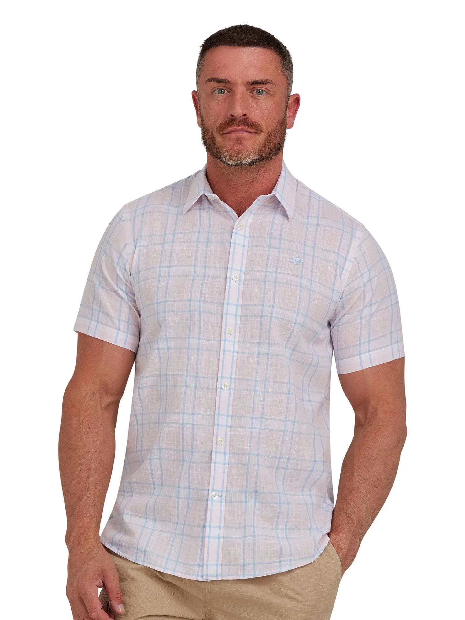 Short Sleeve Plaid Check Linen Look Shirt  - Pink