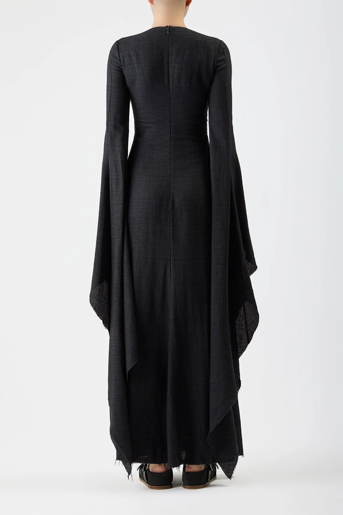 Sigrud Draped Maxi Dress in Black Wool Silk Gauze