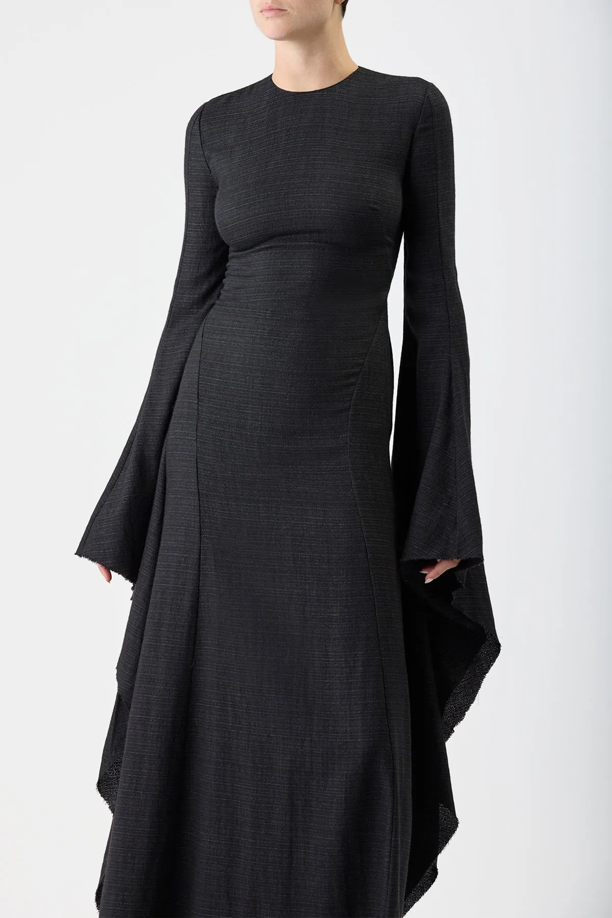 Sigrud Draped Maxi Dress in Black Wool Silk Gauze