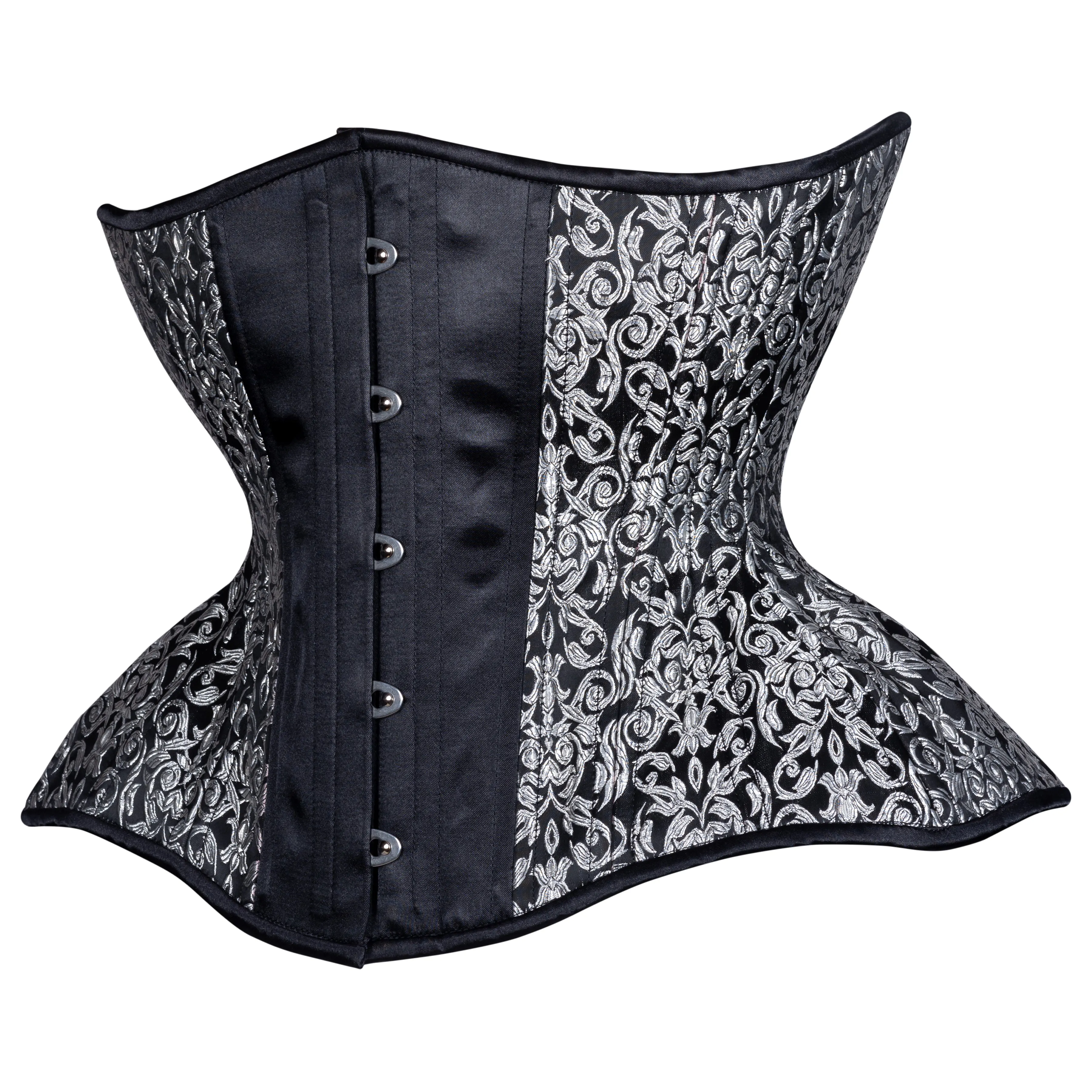 Silver Leaf on Black Straight Corset, Gemini Silhouette, Regular