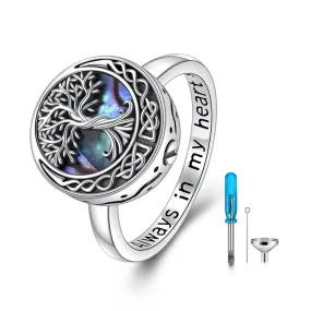 Sterling Silver Abalone Shell Tree of Life Urn Ring for Ashes With Engraved