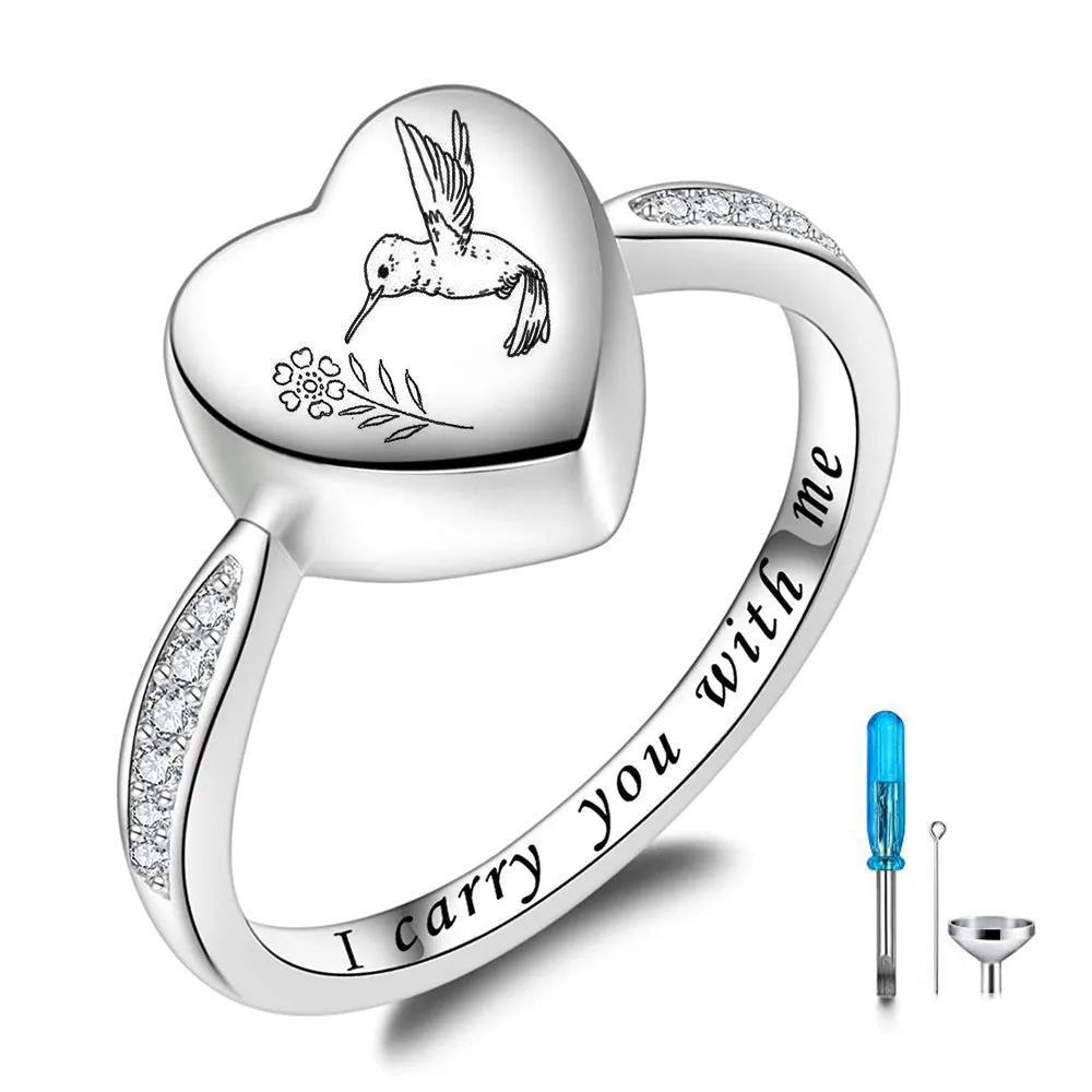 Sterling Silver Hummingbird Heart Urn Ring for Ashes Engraved With I Carry You with Me