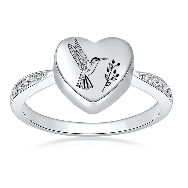 Sterling Silver Hummingbird Heart Urn Ring for Ashes Engraved With I Carry You with Me