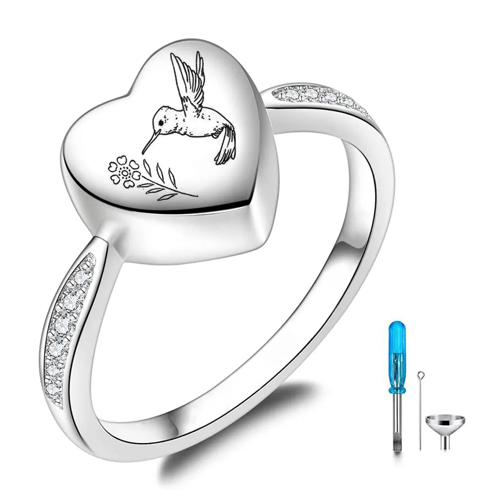 Sterling Silver Hummingbird Heart Urn Ring for Ashes Engraved With I Carry You with Me