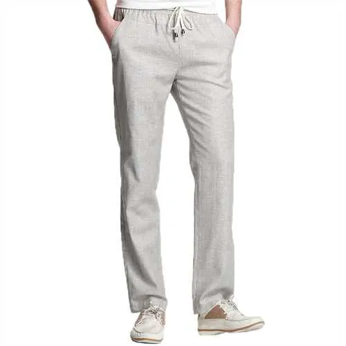 Summer Men's Linen Soft Breathable Pants Casual Solid Color Loose Drawstring Trousers