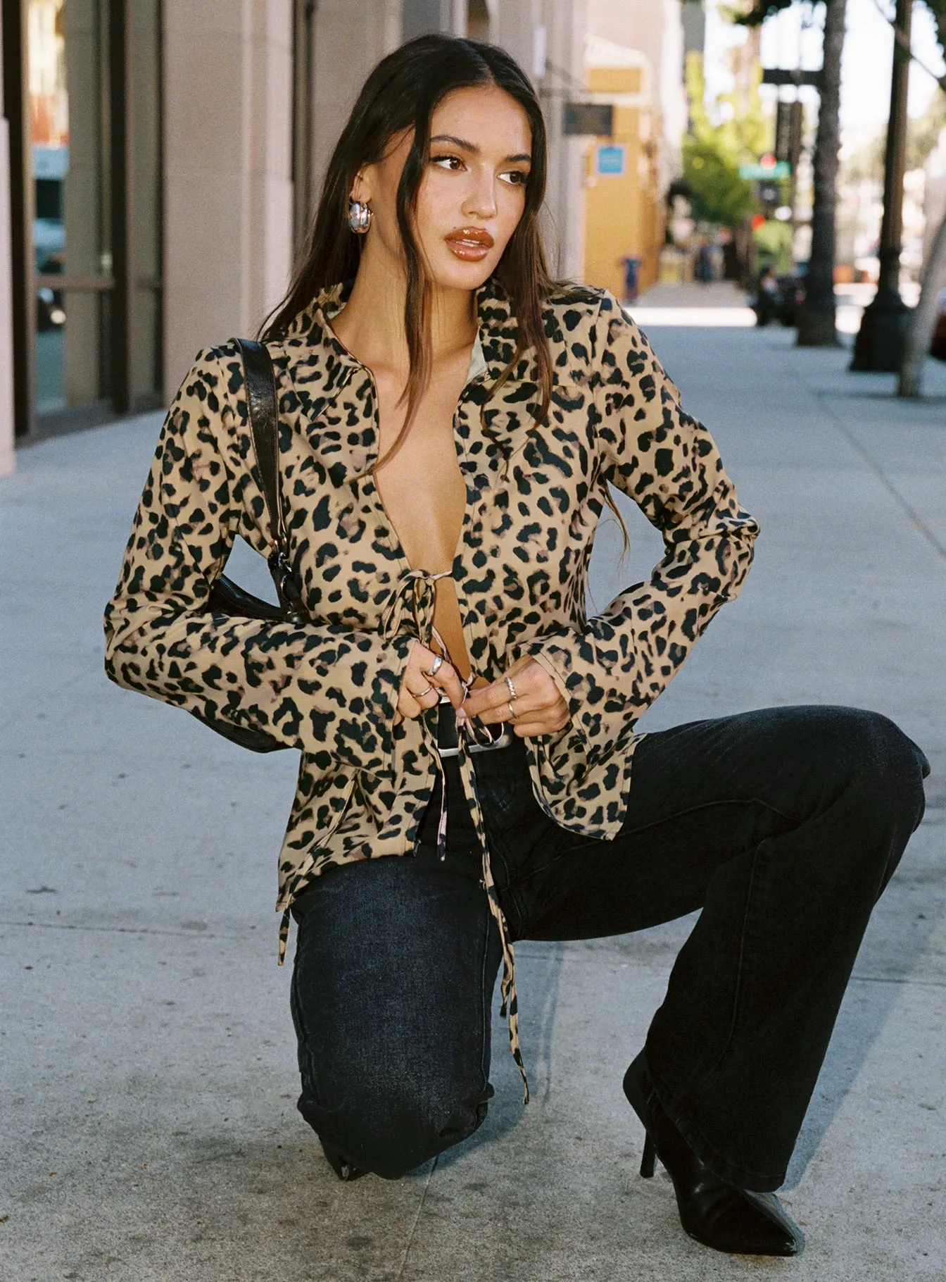 Toriah Long Sleeve Tie Up Top Leopard