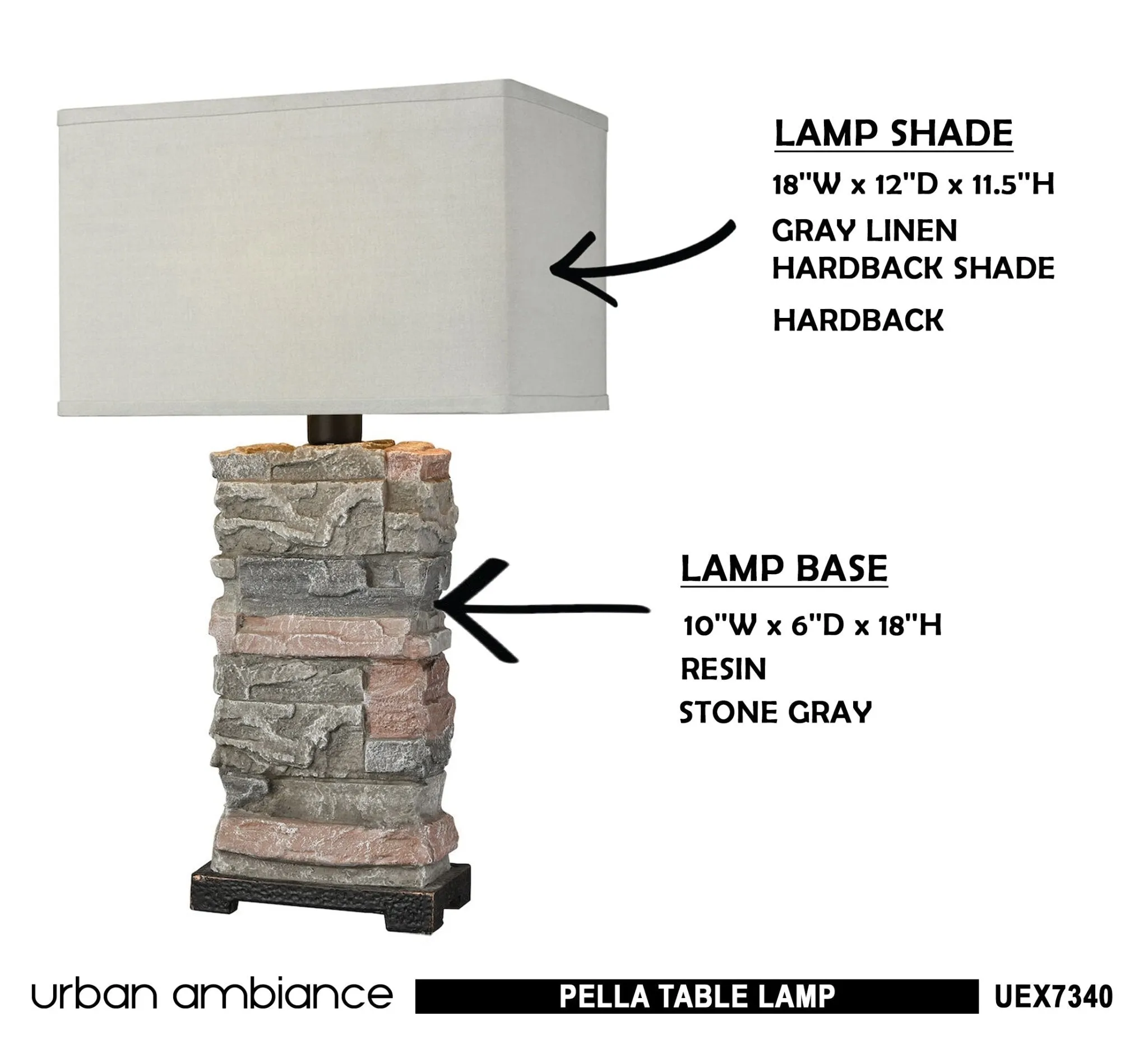 UEX7340 Mediterranean Table Lamp 18''W x 12''D x 30''H, Stone Gray Finish, Pella Collection