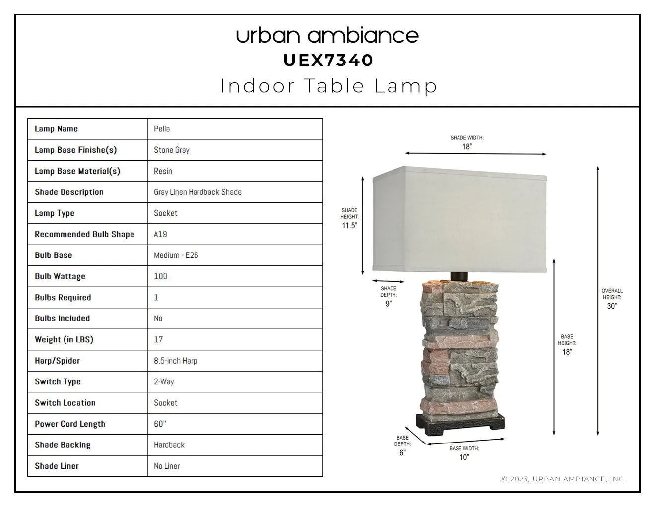 UEX7340 Mediterranean Table Lamp 18''W x 12''D x 30''H, Stone Gray Finish, Pella Collection