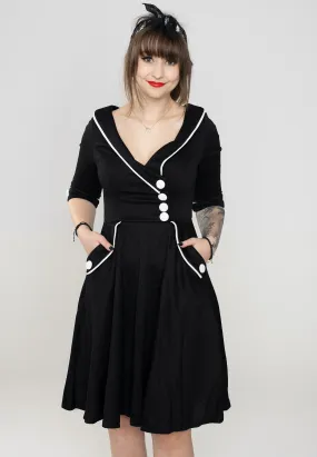 Voodoo Vixen - Marica 1950s Herringbone Wide Collar Black - Dress