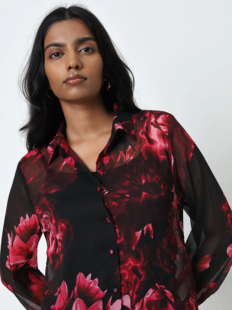 Wardrobe Black Floral Printed Shirt with Camisole