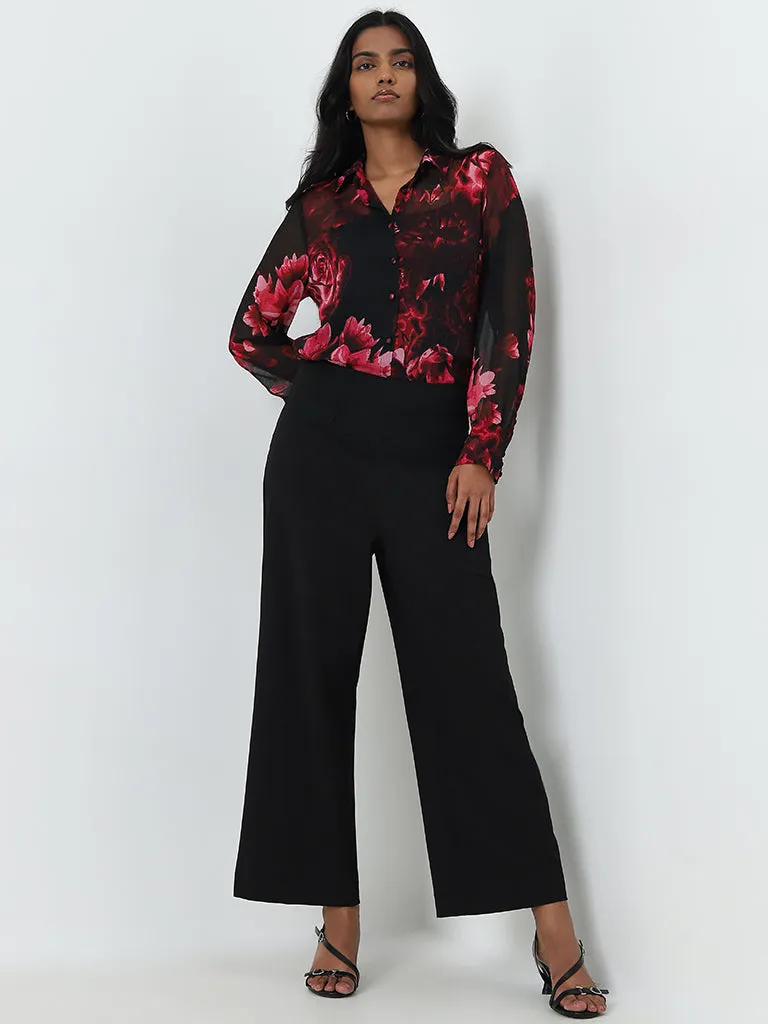 Wardrobe Black Floral Printed Shirt with Camisole