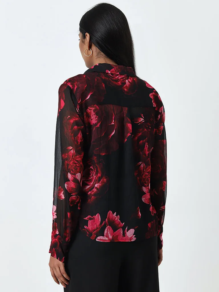 Wardrobe Black Floral Printed Shirt with Camisole