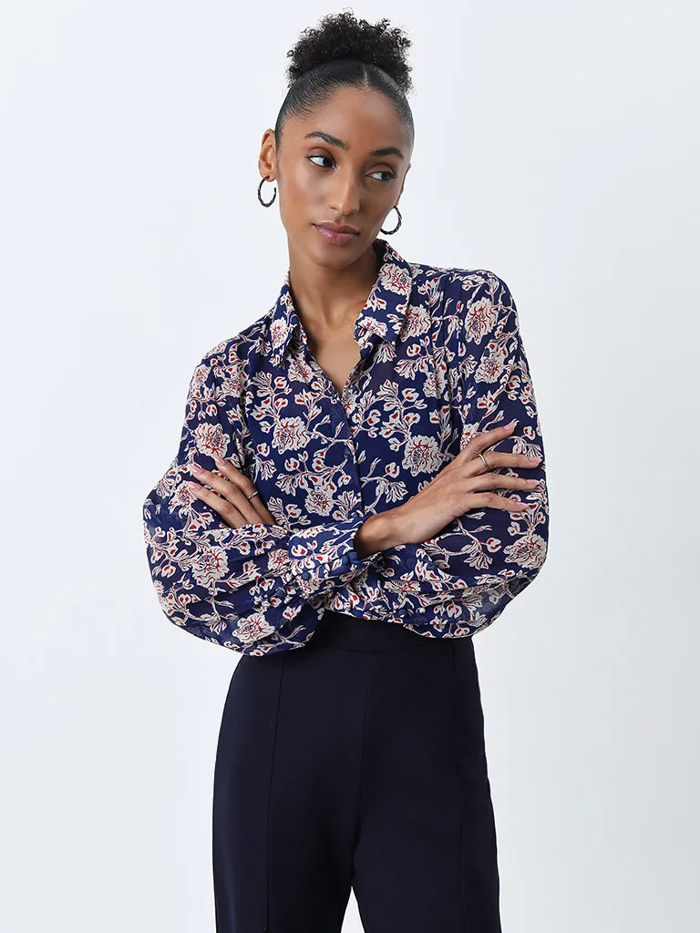 Wardrobe Blue Floral Printed Shirt with Camisole