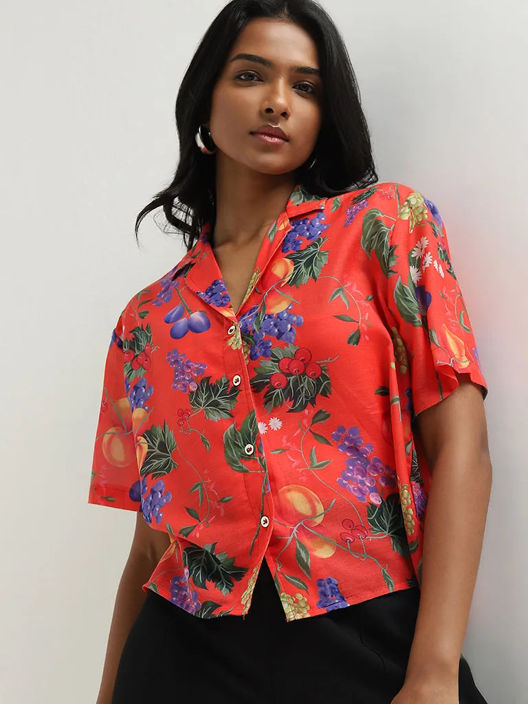 Wardrobe Red Foliage Design Shirt with Camisole