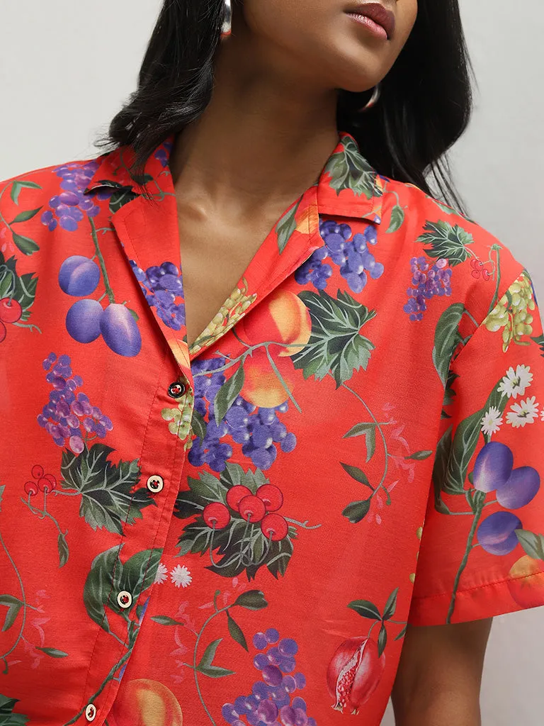 Wardrobe Red Foliage Design Shirt with Camisole