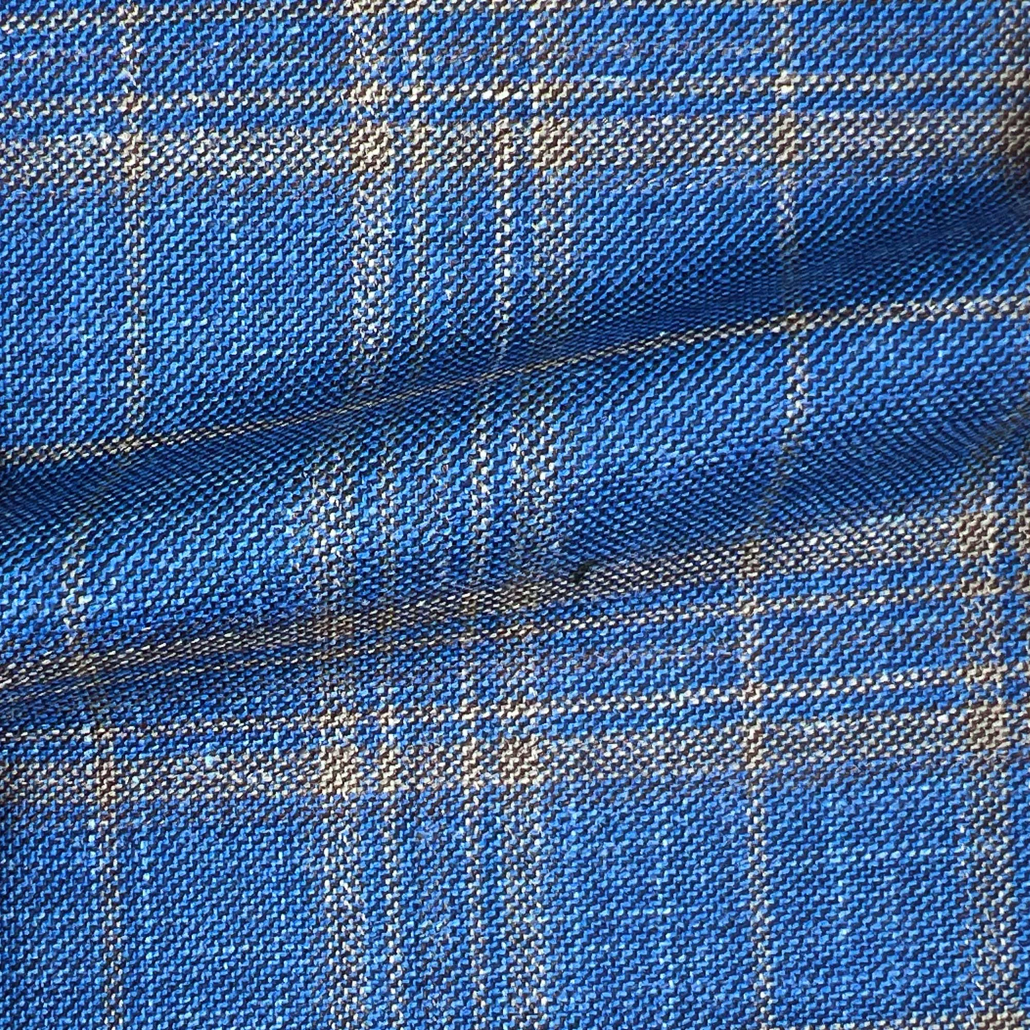 Westwood Hart Egyptian Blue with Brown Plaid Wool Linen Silk Blend Men's Sportcoat